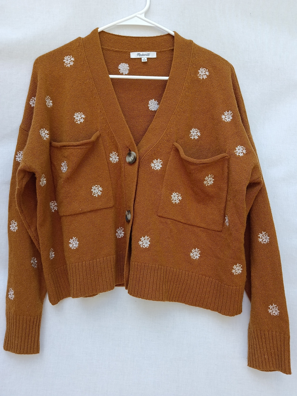 Madewell Rust Brown Floral Embroidered Pocket Cropped Cardigan Sweater Y2K M